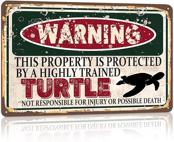 Vintage Turtle Metal Sign Wall decor | Warning this property is protected by a highly trained Turtle Sign Funny Tin Signs 12x8 Inch