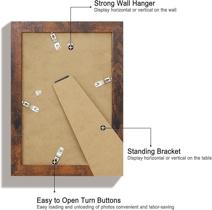 iRahmen 6x9 Picture Frame Set of 4, High Definition Real Glass Rustic Frame, 6 x 9 Wood Photo Frames for Tabletop Display and Wall Mounting