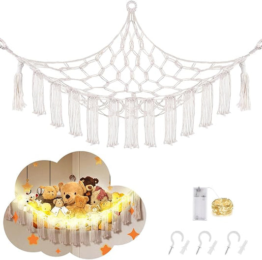 CERETIA Stuffed Animal Hammock with LED Light, Large Stuffed Animals Storage Corner Plushie Net for Kids Room Decor, White