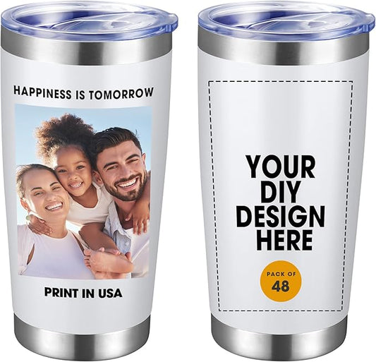 Personalized Custom Tumbler Print in USA 48 Pcs 20oz Stainless Steel Coffee Cup with Lid & Straw Double Wall Insulated Tumbler with Colorful Text Logo Photo