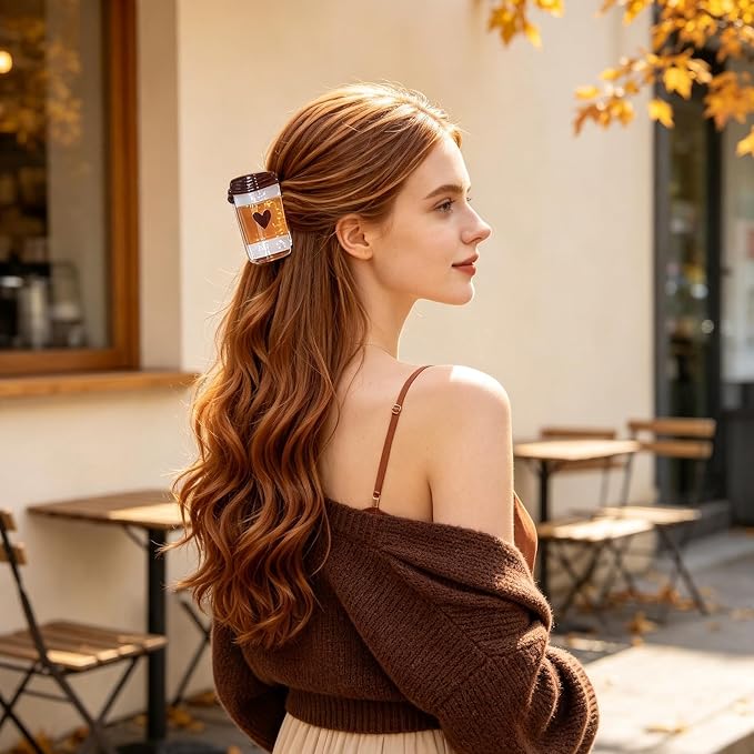 Coffee Cup Heart Hair Claw Clips Cute Brown Cup Acrylic Hair Clip for Women | Beverages Bottle Love Jaw Clip Strong Hold Hair Barrettes Fall Winter Hair Accessories Daily Holiday Party Styling Hair Clamp