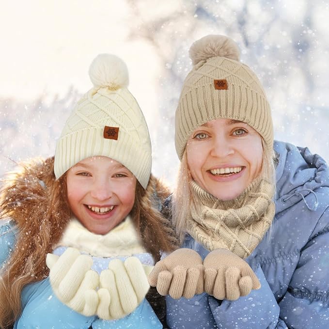 YARIEW Winter Hat Neck Warmer and Gloves Set for Women, Warm Knitted Beanie with Pom Pom, Soft Ear Warmer Scarf, Warm Gloves