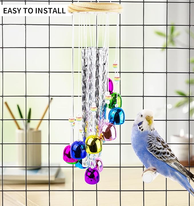 FlidRunest Bird Toys, Conure Wind Chimes Chewing Toy with Colorful Stick, Parakeet Toys 4 Aluminum Tubes 11 Bells, Parrot Cage Windchime Hanging Bells Toys for Conure, Parakeet, Cockatiel