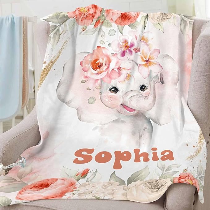 D-Story Ship Next Day, Custom Blankets Personalized Throw Blanket with Names Customized Elephant Blanket for Girls Kids Adult Birthday Gift
