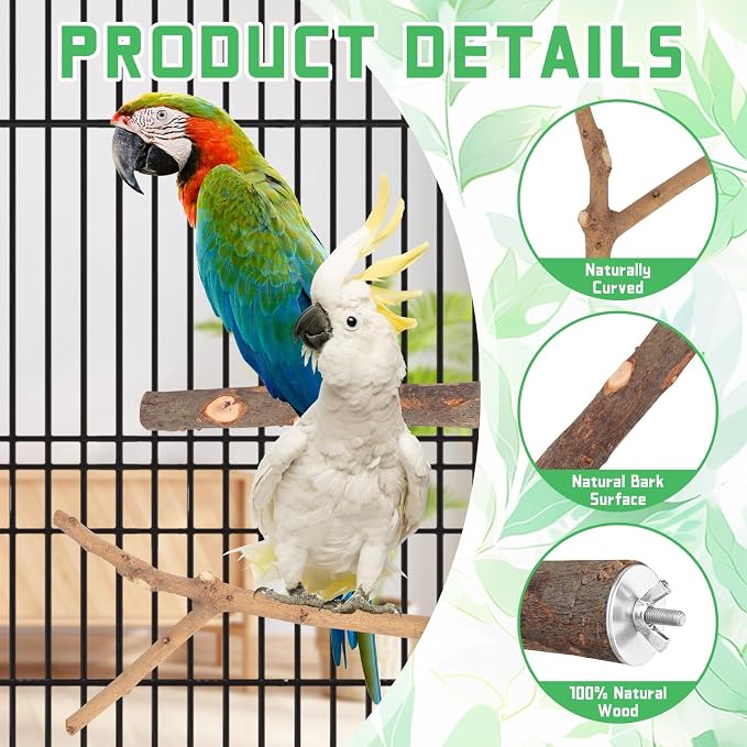 4 Pack Large Natural Wood Bird Perch Stand with Platform for Cage