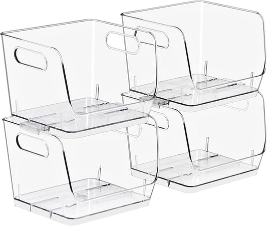 Sorbus Stackable Storage Bins Open Front, Clear Stackable Storage Bins, Pantry Bins for Storage and Organization, Acrylic Stackable Bins for Kitchen, Clear Pantry Organizer Bins (Small Square 4 Pack)