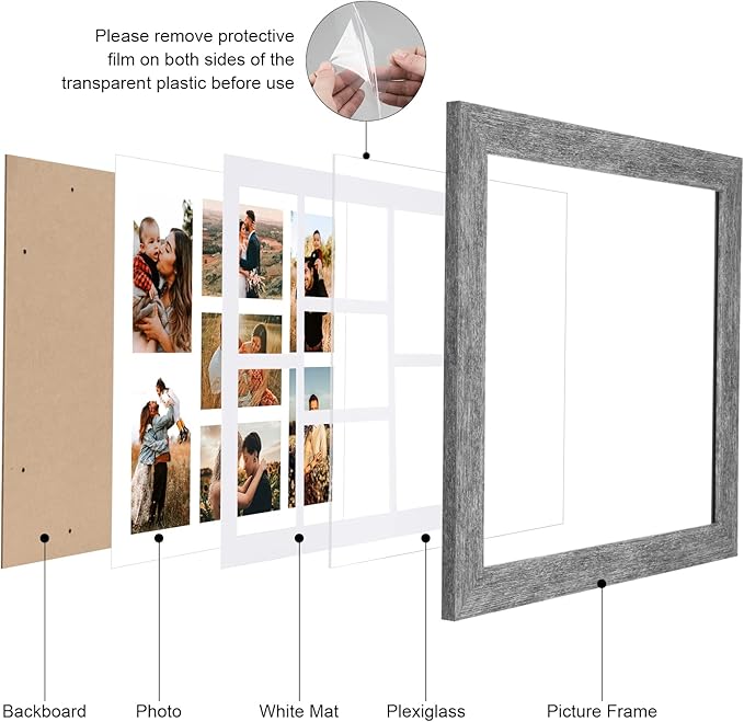 13.5X15.5 Picture Frames Collage with 7 Openings 4X6 Pictures, Multi Photo Frame with Mat for Wall Hanging Decor, Grey Wood Grain