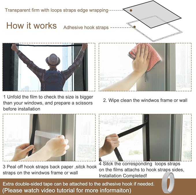 Window Insulation Kit for Winter Adjustable Plastic Insulated Window Cover Sealer Reusable Thermal Thicken Clear Insulation Wrap Transparent Film with Hook and Loop Tape for Winterizing 39'' x 63''