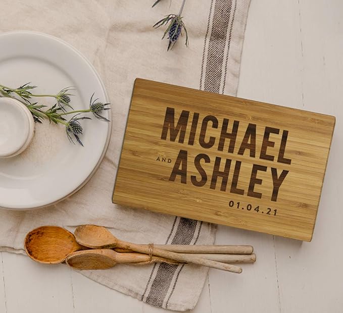 Andaz Press Personalized Laser Engraved Small Bamboo Wood Cutting Board, 9.5 x 6-inch, Bride and Groom Bold Names and Date, Custom Chopping Wedding Bridal Shower Anniversary Birthday Gift Ideas