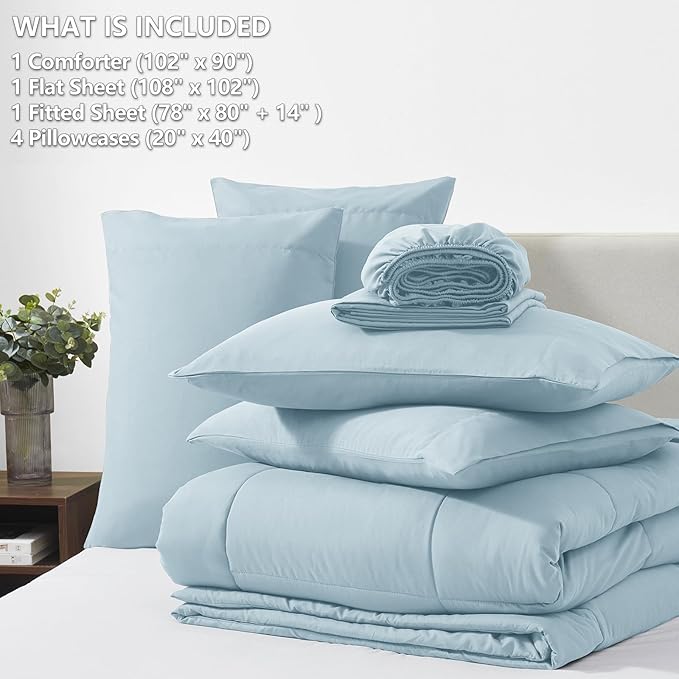 CozyLux King Size Comforter Set Light Blue, 7 Pieces Bed in a Bag, Blue Comforter King Size, All Season Bedding Sets with Stitch Quilted Comforter, Flat Sheet, Fitted Sheet, Pillowcases