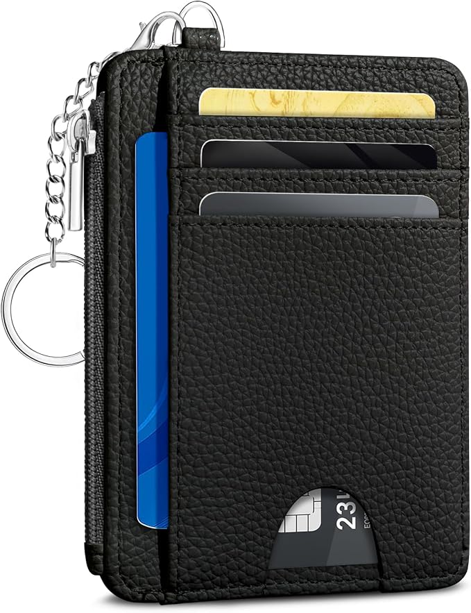 Kelvoris Credit Card Holder Small Wallet Women, Slim RFID, Black | Keychain, Zipper Coin Pocket, Front Pocket Thin Travel Card Case, Minimalist, 6 Card Slots, 1 ID Window, Ladies Gifts Woman