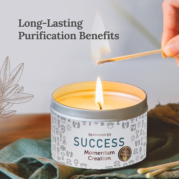 MAGNIFICENT 101 Study & Momentum Creation Candle for Success - 6 Oz White Tin - 35 Hour Burn Soy Wax - Sage, Bergamot & Sandalwood Scent - Energy Cleansing & Manifestation