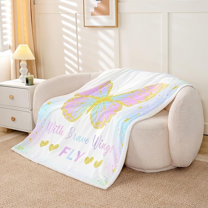 Feelyou Girls Butterfly Fleece Throw Blanket 40"x50" Kids Pink Blue Sherpa Blanket Plush Fuzzy for Bed Couch Chair Living Room, Butterflies Lover Bed Blanket Glitter Room Decor