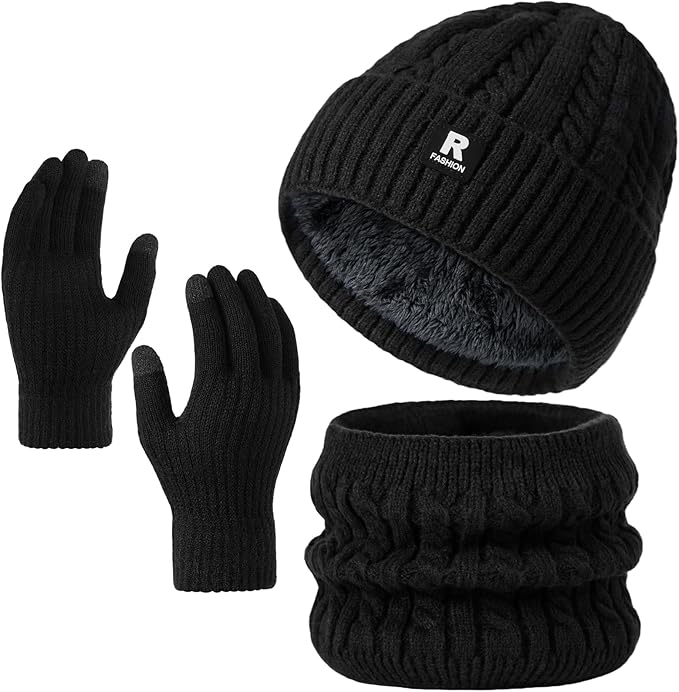 Winter Beanie Hat Scarf Gloves Set for Men Women, Slouchy Mens Winter Clothes Hats Neck Warmer Touchscreen Gloves