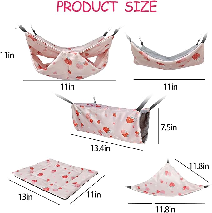 kathson 5 PCS Guinea Pig Hammock Set, Washable Rat Hammock, Guinea Pig Hideout Bed Soft Hamster Hanging Tunnel Mats Small Pets Cage Accessories for Chinchilla, Sugar Glider, Squirrel(Pink)