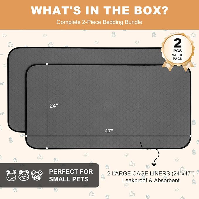 2 Pack Guinea Pig Cage Liners, Washable Guinea Pig Pee Pads Waterproof Reusable & Anti Slip Guinea Pig Bedding Fast and Super Absorbent Pee Pad Tarp Bottom for Small Animals (Dark Grey 24" X 47")