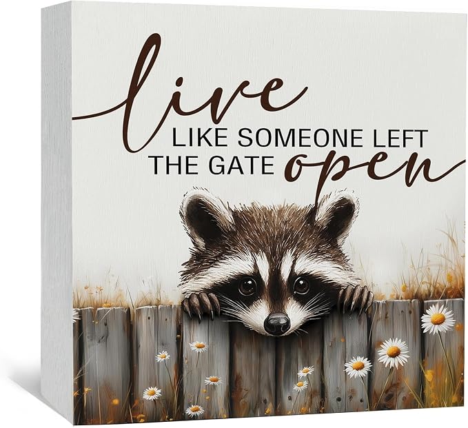 Raccoon Sign - Live Like Someone Left The Gate Open Wooden Box Signs, Raccoon Decor, Farmhouse Trash Panda Wood Decoration Home Decor For Desk Table Shelf 8x8 Inch Decorative Signs & Plaques