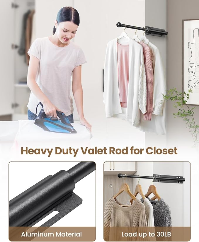 2 PACK Valet Rod for Closet Pull Out, Retractable Slide Out Valet Rod Closet Organization, 12" Aluminum Valet Clothing Hanger Rods Perfect for Suits, Freshly Pressed Clothes, Black