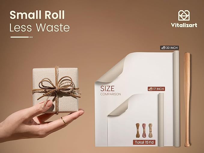 Vitalizart Textured Wrapping Paper Set 17" Roll Twine Ribbons & Tags Extra Thick All-in-One Neutral Beige Kraft Christmas Gift Wrap Birthday Baby Shower Wedding Crafts Vintage Minimalist Housewarming Flower Book