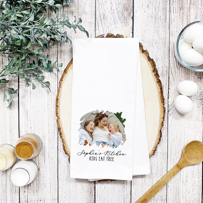 Andaz Press Personalized Kitchen Towel, Flour Sack Tea Towel, Custom Name Kitchen Gifts Custom Photo Design Kids Eat Free Birthday for Mom Daughter, Housewarming Gift, Kitchen Decor