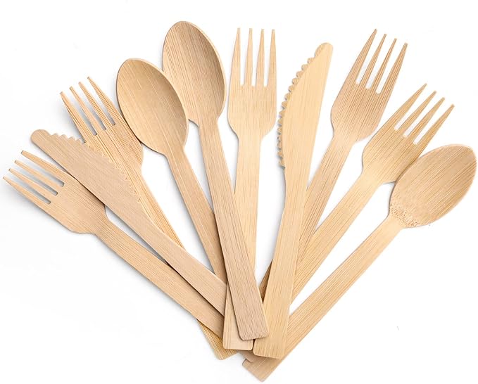 Bamboo Utensils Disposable - 100 PK (6.7" 50 Forks 25 spoons 25 Knives) Disposable Bamboo Cutlery Travel Set Compostable Fork Spoon Knife 100% Biodegradable Natural for Camping/Wedding