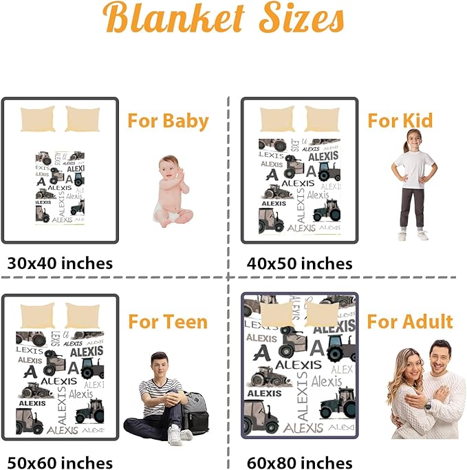 Personalized Tractors Blanket - Custom Name with Farm Tractor Trucks Design - Soft Plush Flannel Bed Blanket for Baby Kid Teen Boys Girls Customized Gifts White & Grey