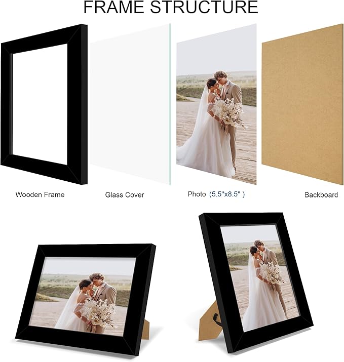 5.5x8.5 Picture Frame Set of 4, Made of Real Glass and Black Frame, 5.5 by 8.5 Photo for Wall or Tabletop