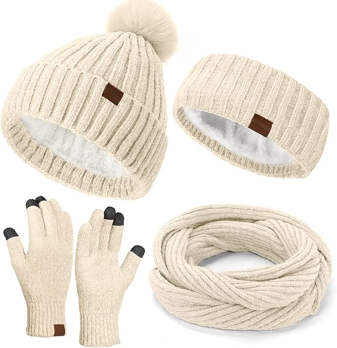 Winter Hats Gloves Scarf Set for Women, Beanie Hat Headband Ear Warmer, Infinity Scarf Touchscreen Gloves for Cold Weather