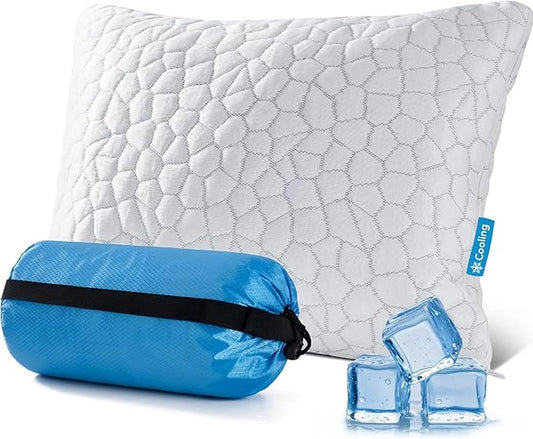 QUTOOL Cooling Pillow for Sleeping, CertiPUR-US Shredded Memory Foam Camping Pillow Set of 1, Backpacking for Hiking Gear, Portable Pillow with Travel Storage Bag, Soft Yet Support,White