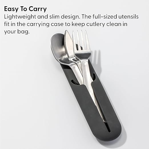 W&P Porter Stainless Steel Utensils with Silicone Carrying Case | Cream | Spoon, Fork & Knife for Meals on the Go | Portable and Compact Set