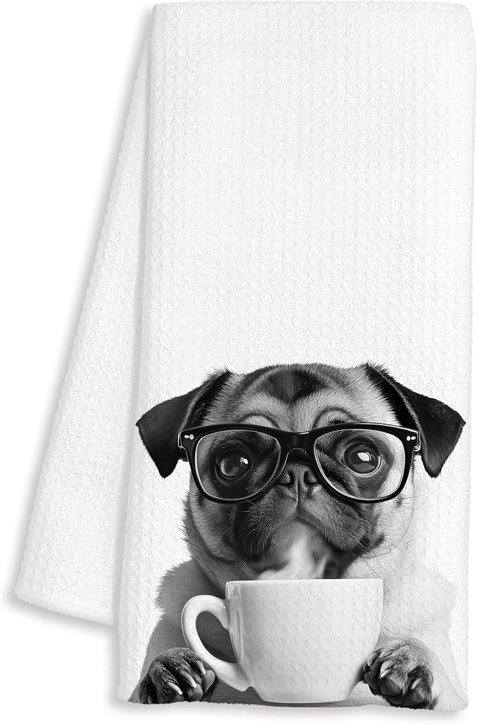 Funny Pug Decor Coffee Kitchen Towels Gift, Pug Dog Gifts, Coffee Gifts for Women, Dog Lover Gift Decorative Dish Hand Tea Towels for Kitchen Home Bar Decor, 16x24 Inch
