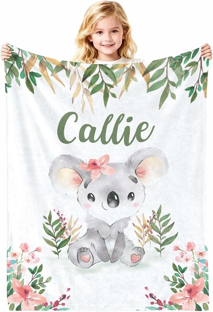 Personalized Baby Blanket with Name, Customized Soft Animals Flannel Blankets for Newborn Boys Girls and Toddlers, for New Mom, Infant Birthday Gift, Koala-2