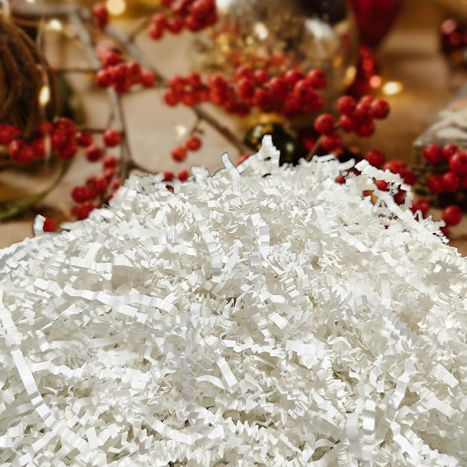 NEWMIAO 1 LB White Crinkle Cut Paper Shred Filler for Gift Baskets Stuffing, Shredded Crinkle Paper for Gift Box Bag Basket Filler Decoration Christmas Wedding Birthday Bridesmaid Gift Wrapping
