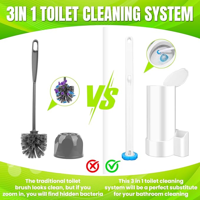 KOKL Disposable Toilet Brush, Toilte Wand Kit, Toilet Brush and Holder with 48 Refills, Toilet Bowl Brush, Toilet Bowl Cleaning Wands, Toilet Cleaning System for Bathroom Maintenance