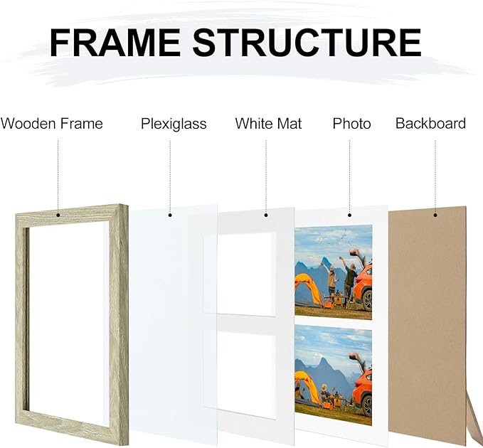 Vittanly 8x10 Collage Picture Frame, Displays 2Pcs 4x6 Pictures with Mat or 1Pcs 8x10 without Mat, Photo Frame for Wall Mounting or Table Top with Stand, Driftwood, 1 Pack