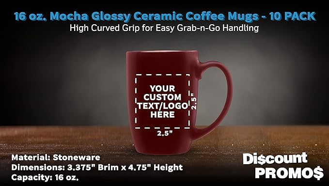 DISCOUNT PROMOS 10 Large Mocha Glossy Ceramic Coffee Mugs Set, 16 oz. - Customizable Text, Logo - Stoneware, Smooth, Durable, C-handle - Maroon