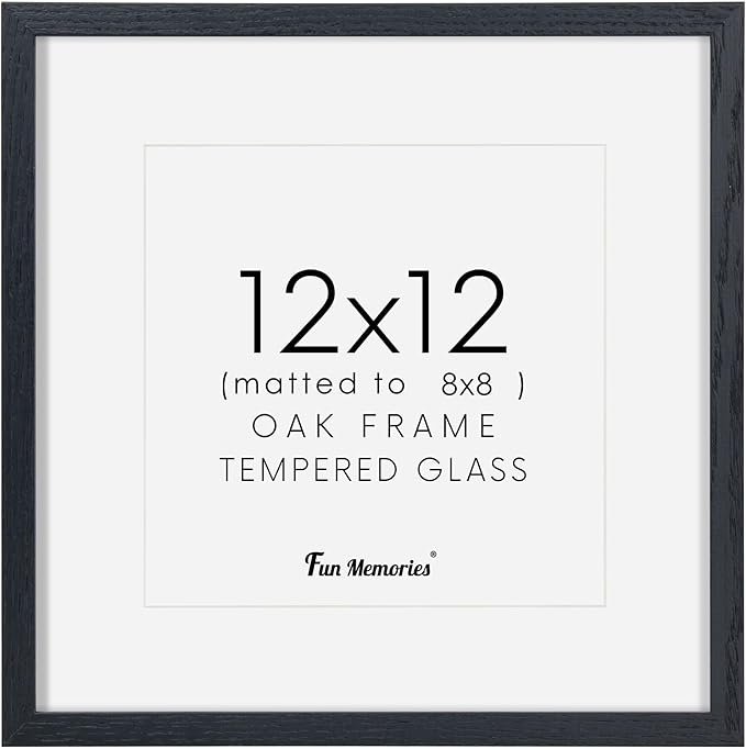 Black Picture Frame 12x12, Oak Wood Frame With Tempered Real Glass, Matted to 8x8, Square Photo Frame for Wall, 1 Pack