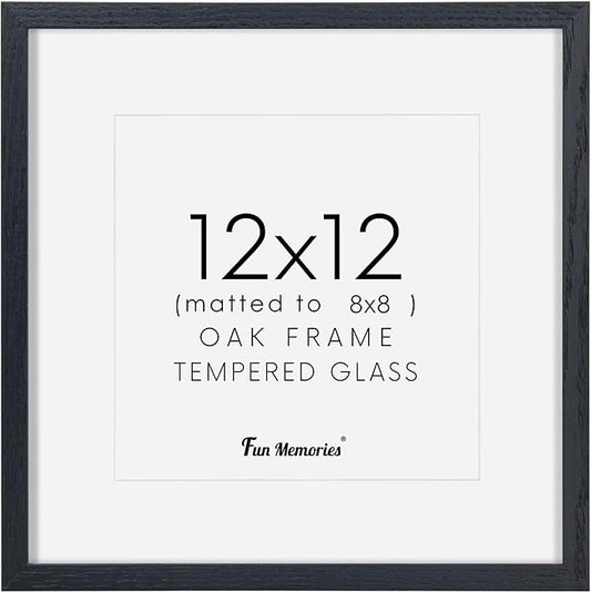 Black Picture Frame 12x12, Oak Wood Frame With Tempered Real Glass, Matted to 8x8, Square Photo Frame for Wall, 1 Pack