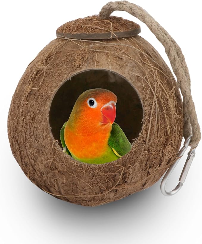 Hypeety Pet Bird Breeding Nest Natural Coconut Bird Hideout Hut for Cage | Natural coconut shell, for sleeping/breeding, easy to hang, swing toy, for parakeet/cockatiel/finch/hamster, with sturdy hook