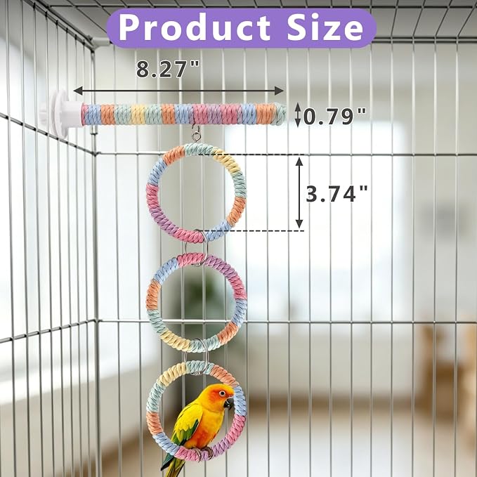 Litewoo 3-Ring Bird Swing Parrot Perch Colorful Cotton Rope Chew Climbe Toy | Colorful soft cotton rope, adjustable length for multi-level play, durable metal connections, for parakeet/budgie/conure