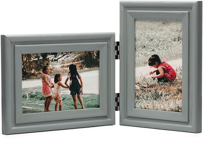 Horizontal & Verticall 4X6 Picture Frames Double Hinged Wood Folding Photo Frames with Real Glass Front Fit for Desktop or Tabletop, Gray XHUI-H64-V46