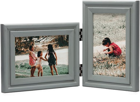 Horizontal & Verticall 4X6 Picture Frames Double Hinged Wood Folding Photo Frames with Real Glass Front Fit for Desktop or Tabletop, Gray XHUI-H64-V46