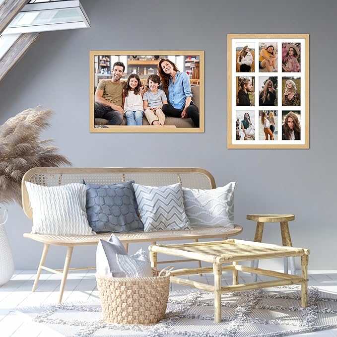 13.5x19.5 Collage frame with 9 Openings 4X6 Pictures, Multiple Picture Frame with Mat, Wall or Tabletop Decor, Natural Wood Grain,2 Pack