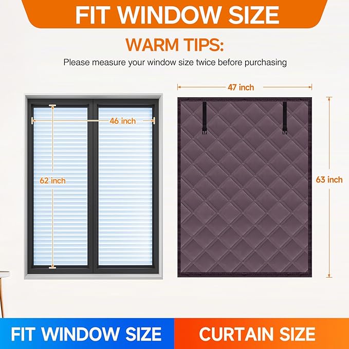 Winter Insulated Window Curtain 47"x63", Oxford Cloth Thermal Insulated Window Cover with Buckles,Heavy Duty Window Insulation Kit Fits Windows up to 46"x62",Brown Red