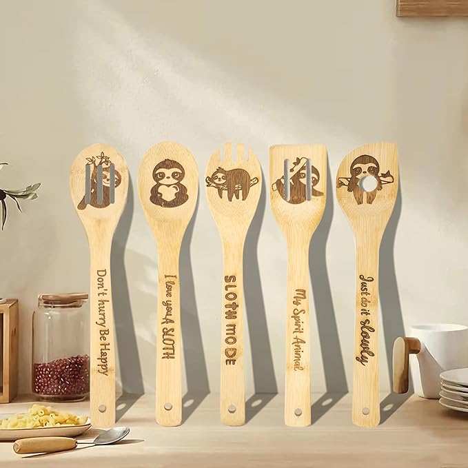 5PCS Sloth Wooden Cooking Spoons Sloth Gifts Sloth Decor Sloth Gifts for Women Sloth Kitchen Decor Sloth Stuff Sloth Party Favors Housewarming Wedding Cooking Bamboo Cooking Spoons for Everyday Use