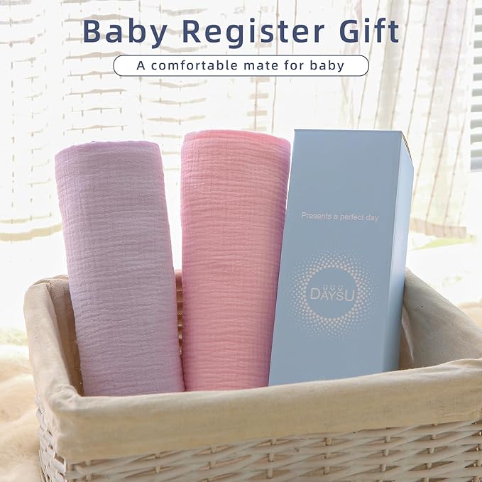 DaysU Muslin Baby Swaddle Blanket, Cotton Swaddling Blankets for Baby Boy and Girl, Nursery Skin-Friendly Baby Receiving Blanket for Newborns, Breathable Swaddle Wrap 2 Pack, 47”x47”-Pink+Lilac