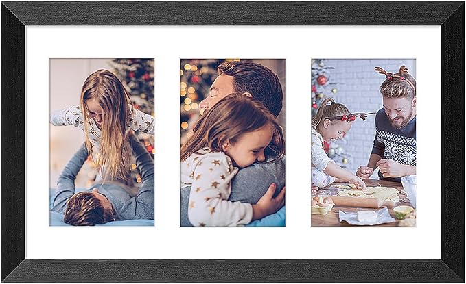 8x14 Collage frame with 3 Openings 4X6 Pictures, Multiple Picture Frame with Mat, Wall or Tabletop Decor, Black Wood Grain (1 Pack)