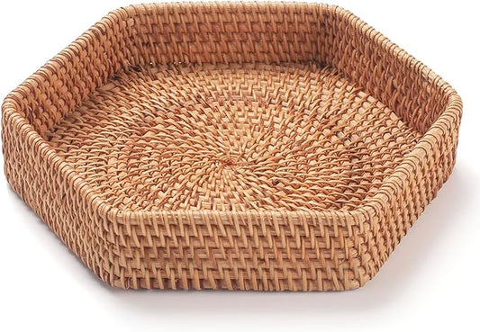 Hexagon Rattan Serving Tray for Coffee Table Woven Decorative Basket Trays for Ottoman Natural (8.7Inch x 1.8Inch)