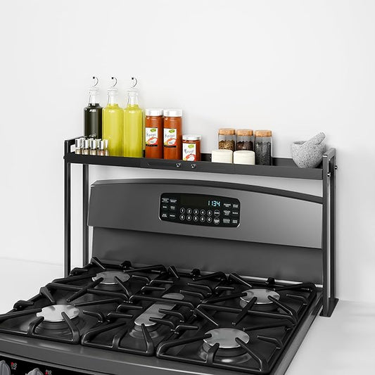 Bumusty Adjustable Stove Top Shelf,Over Shelf for Stove – Expandable 4-Level Spice Rack & Kitchen Organizer, Anti-Slip Metal Construction, 27"–33" Length, 11"–14" Height, Black