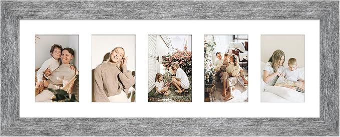 8x24 Picture Frame Display 5 opening 4X6 Picture Frame Collage,Multi Photo Frame with Mat,Plexiglass,Wall or Tabletop Decor,Grey Wood Grain